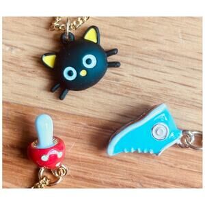 Whimsy Necklace: Gold Plated Mini Mushroom, Blue Sneaker, Black Kitty. Unique!